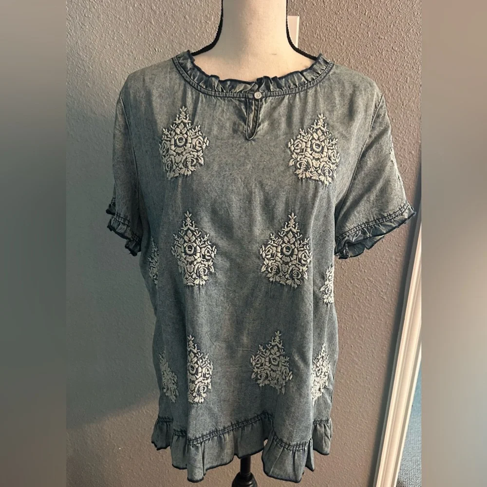 Sundance Blue Ruffled Embellished Short Sleeve Blouse - Picture 1 of 3